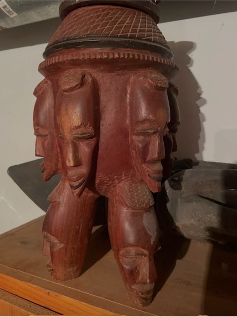 Carved Multi-Head Wooden Sculpture - pot